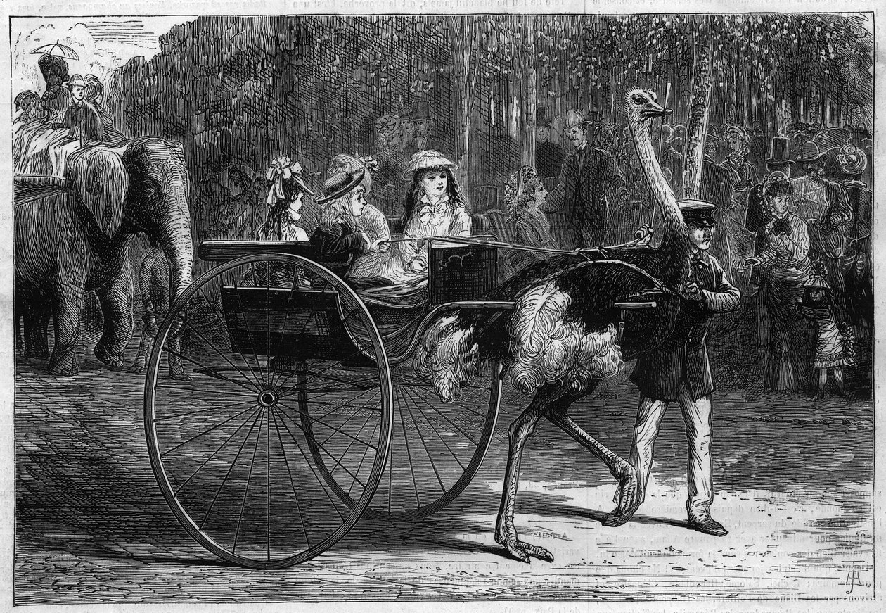 Gå på ryggen af en elefant og børn i en kariola slæbt af østrigerne. Tilvænningshaven i Bois de Boulogne i Paris af Unknown artist