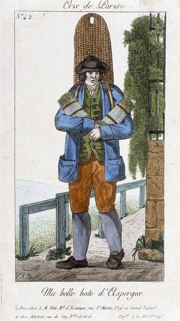 Vandrende købmand af aspargesstøvler - i “” Cris de Paris””, deb. 19. århundrede af Unknown artist