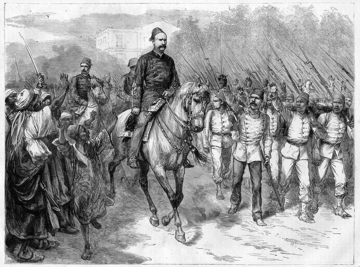 Krig i Egypten - Arabi Pashas udsendinge rekrutterer soldater blandt stammerne til at kæmpe mod briterne - Arabi Pasha (Orabi Pasha, Ahmed Urabi) (1841-1911) og hans tropper i 1882 af Unknown artist