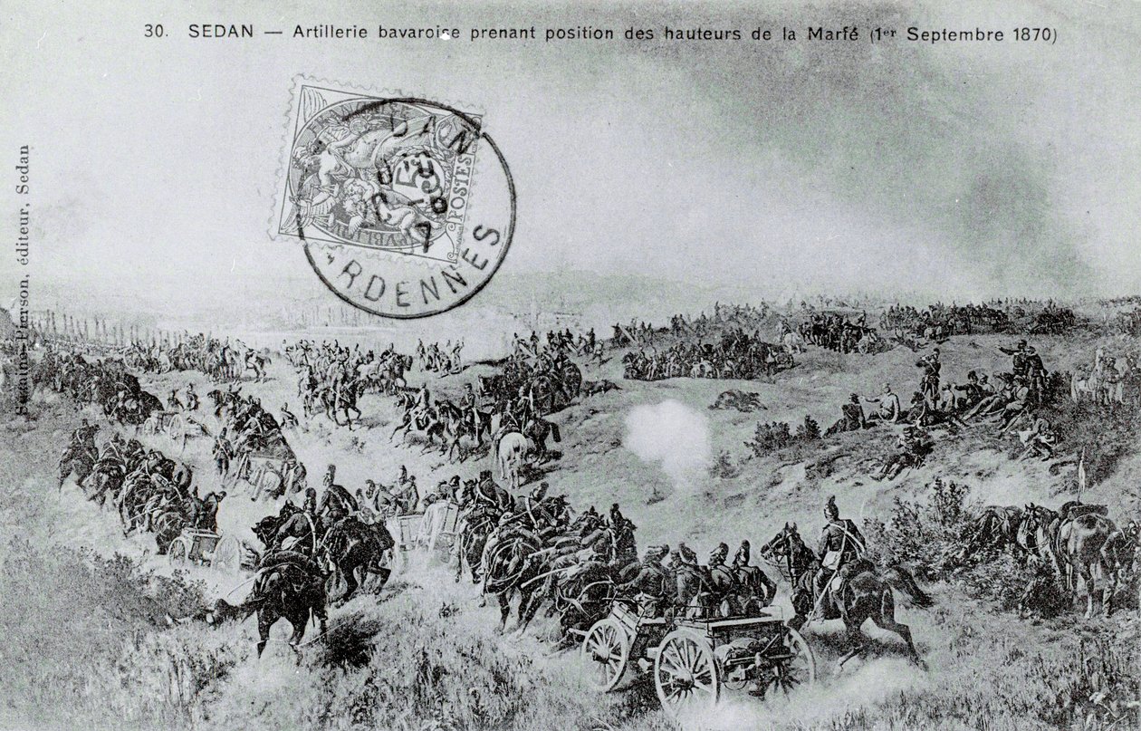 Krig i 1870: Bayersk artilleri tager stilling fra højderne af Marfe i Ardennerne den 01/09/1870. Stik fra 1870 af Unknown artist