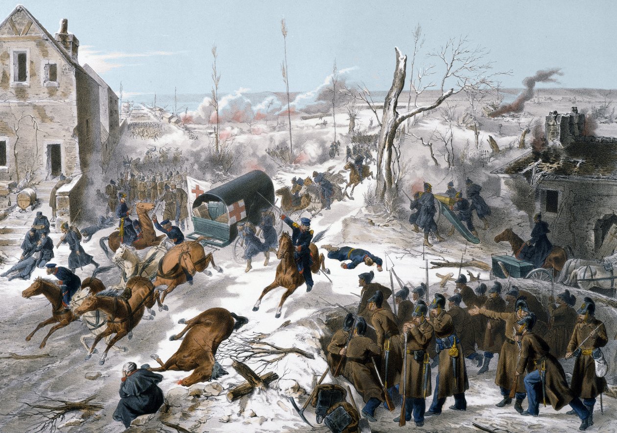 Krig i 1870 mellem Frankrig og Preussen: Røde Kors under slaget ved Bapaume i Pas de Calais den 2. og 3.01.1871, hvor Nordens hær ledet af general Faidherbe sejrede mod preusserne af Unknown artist