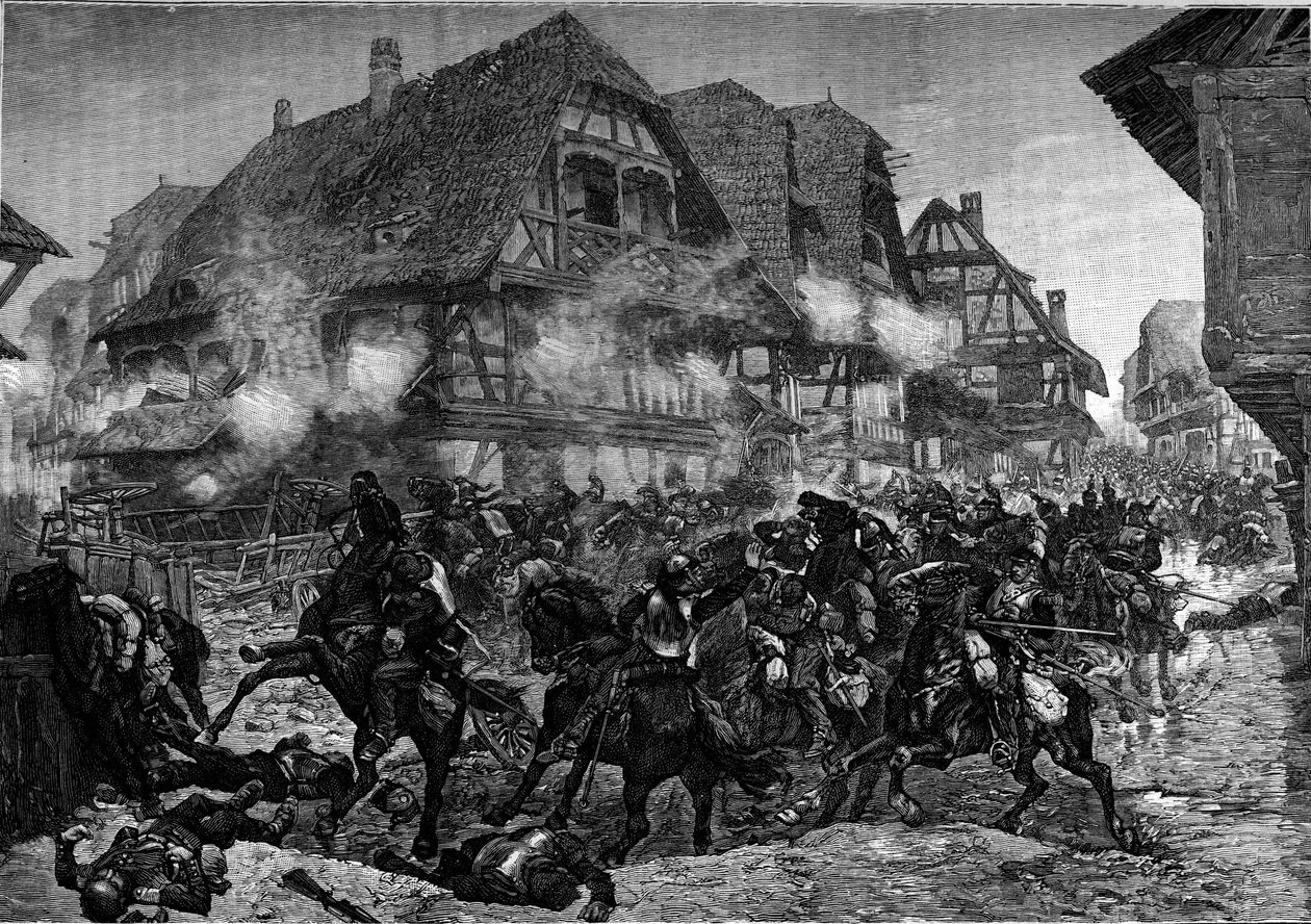 1870-krigen: angrebet af det 8. og 9. slagskib gennem gaderne i Morsbronn (Alsace). Gravering i "" Le Journal de la jeunesse"" af Unknown artist