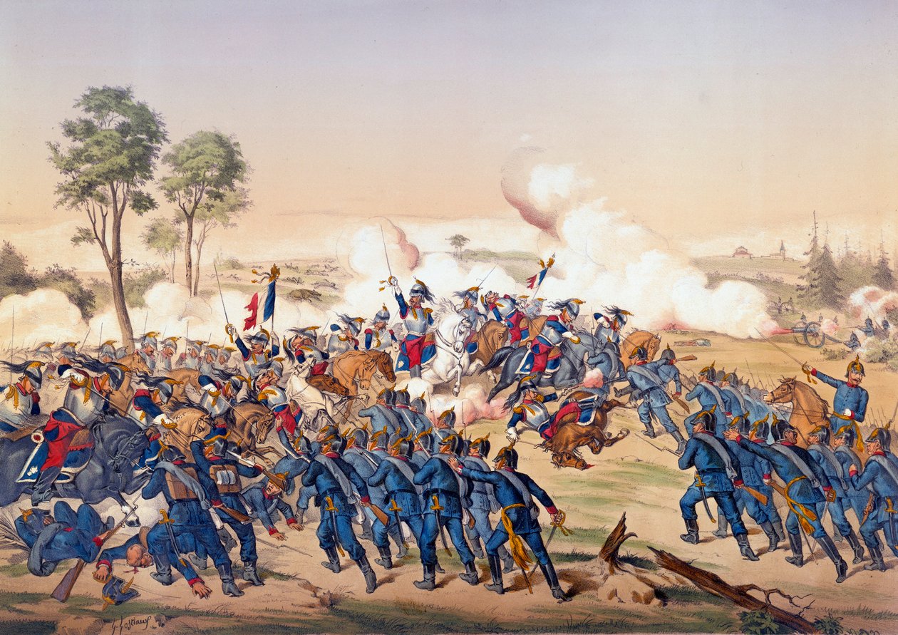 1870-krigen: angrebet på slagskibene i slaget ved Froeschwiller Woerth (Froeschwiller-Woerth) den 06/08/1870, hvor Tyskland sejrede - Litografi af 1870. Paris, NL af Unknown artist