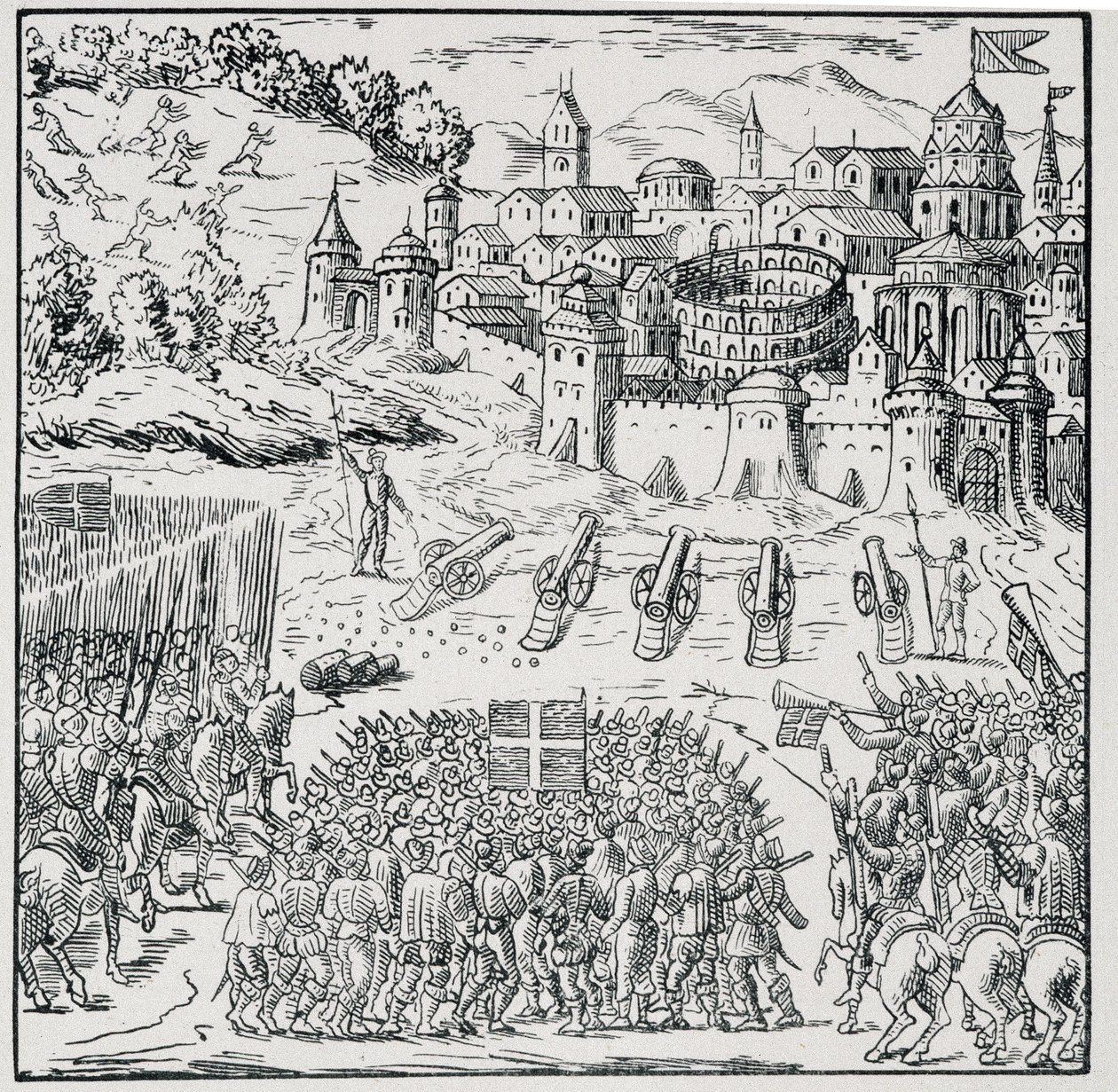 Religionskrig: Byen Nîmes belejret af Kongens Armee (Henry III) i 1576 - i "" Samling af 39 figurer, der repræsenterer Frankrigs ulykker fra 1562 til 1586""", Louis Perrin imprim. af Unknown artist