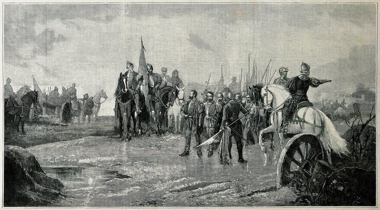 War of the Communities of Castilla: Slaget ved Villalar. De royalistiske troppers sejr over samfundene (23. april 1521). Gravering, Spanien 1500-tallet. af Unknown artist
