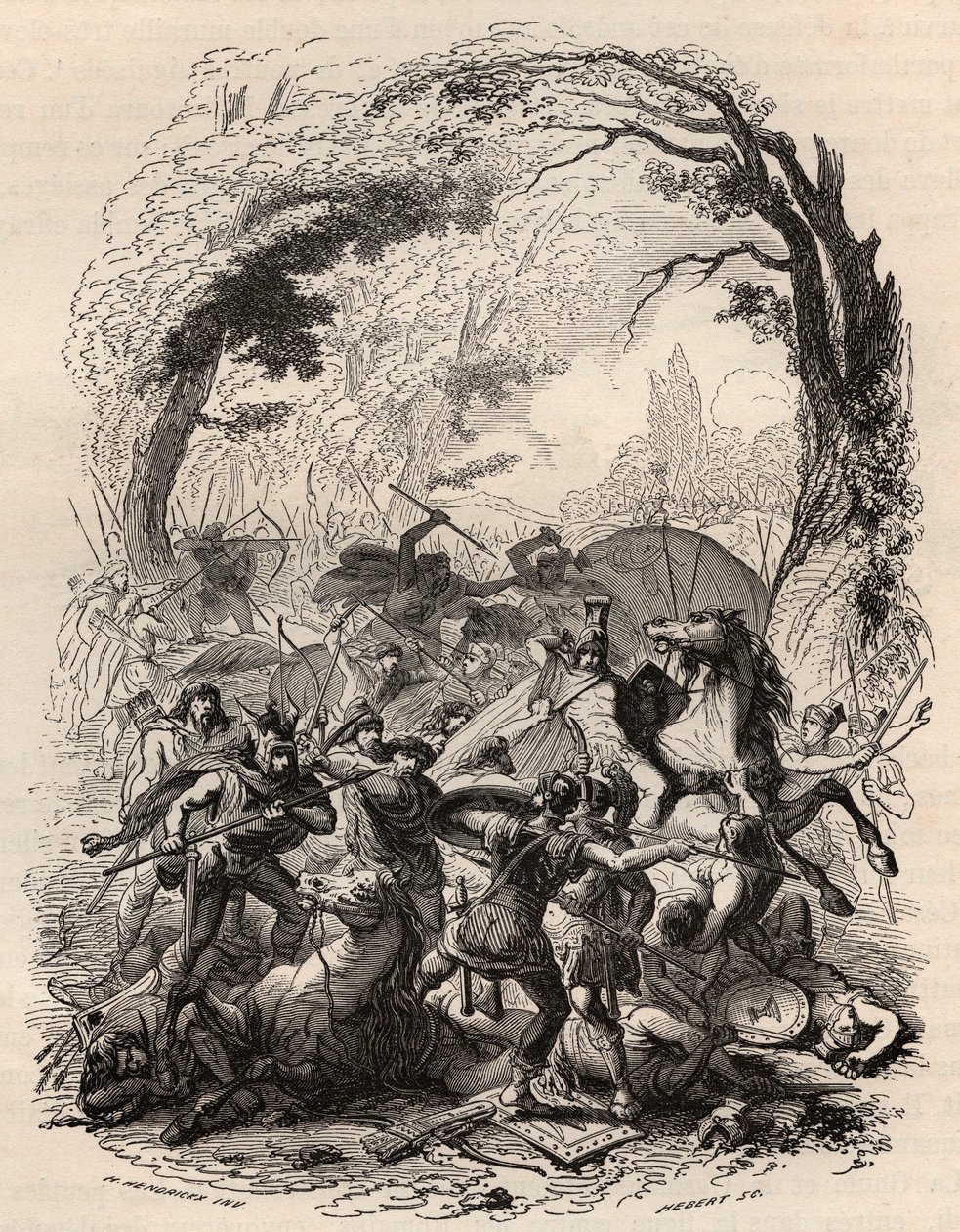 Gallernes krig: Slaget ved Aduatuca mellem det belgiske folk i Eburons og den romerske hær. Quintus Titurius Sabinus og Lucius Aurunculeius Cotta blev besejret i 54 f.Kr. Indgravering fra 1868 i "Belgiens historie fra primitive tider til slutningen af ​​de af Unknown artist