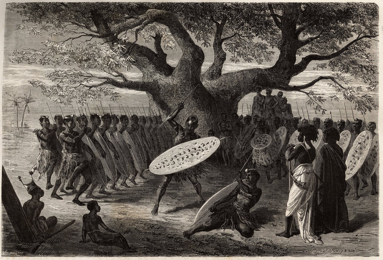 Krigerøvelser af Landines eller caffres-zulus, en Sena (Zambesisk flodregion, Mozambique). Indgravering til illustration af Dr. Livingstones første rejser til det sydlige Afrika fra 1840 til 1856, i "Le tour du monde, nouveau journal des voyages"" udgivet  af Unknown artist