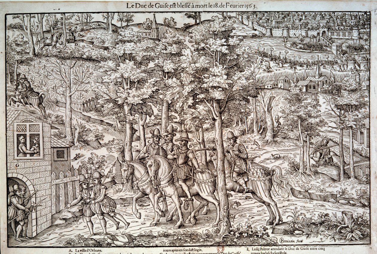 Religionskrige 1562-1598 "" Mordet på Francois I af Lorraine (1519-1563) Anden hertug af Guise den 18/02/1563. En katolsk leder blev han dræbt af calvinisten Jean de Poltrot de Mere eller Merey. Stik af det 16. århundrede. Paris, B.N. af Unknown artist