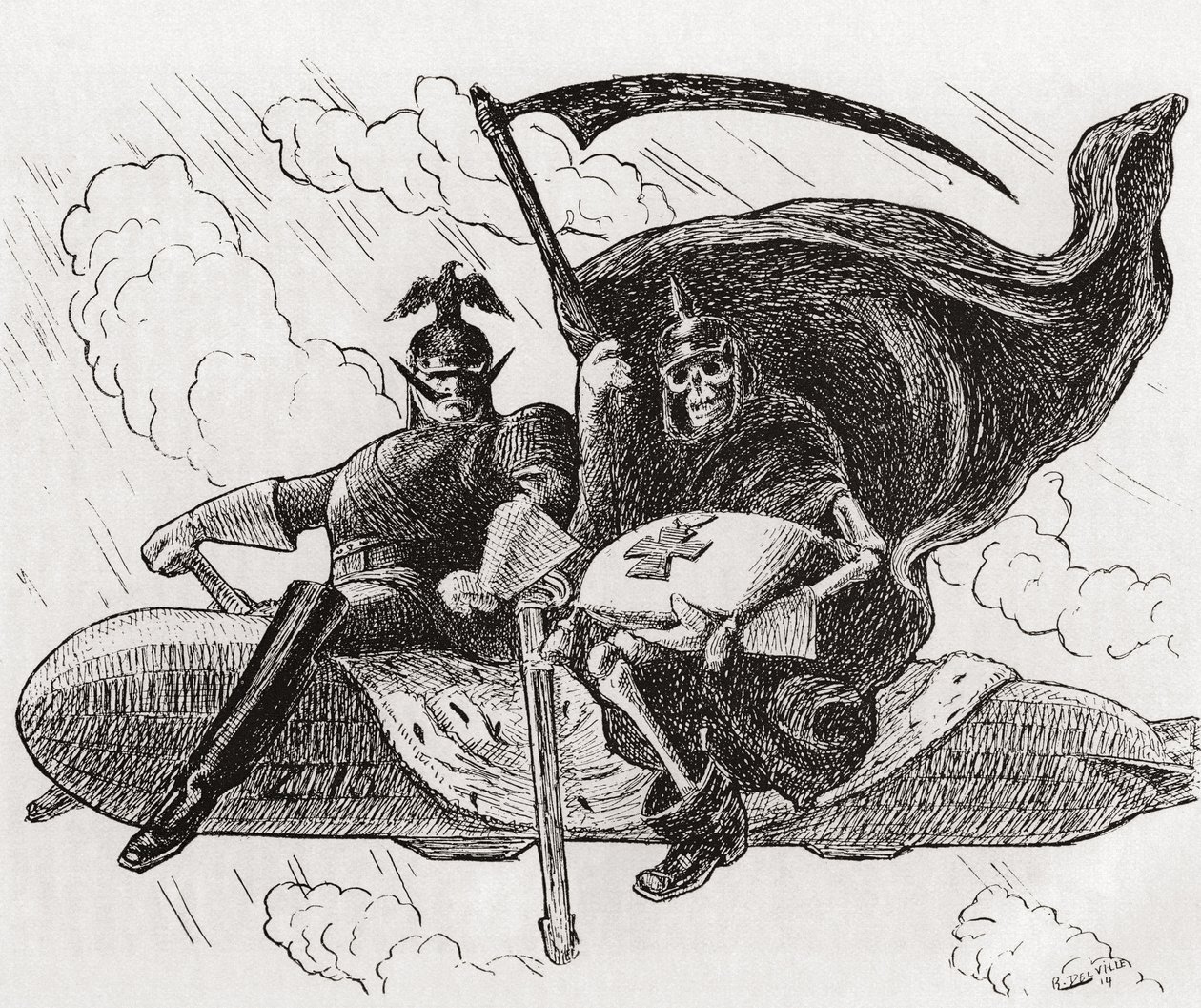 "Vi to", krigsherren og hans allierede: En tysk kommandant og et skelet, eller døden, der sidder på toppen af en Zeppelin af Unknown Artist