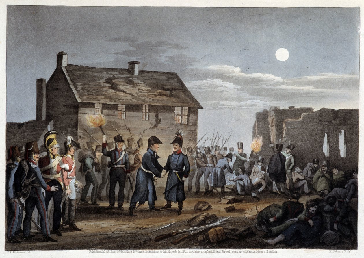 Wellington og Blucher mødes tilfældigt i Waterloo - i "" Historiske, militære og flådeanekdoter og hændelser, der ankom til Bretagnes hære og deres allierede, og endte i Waterloo"" af Edward Orme, ill. af Atkinson, London af Unknown artist