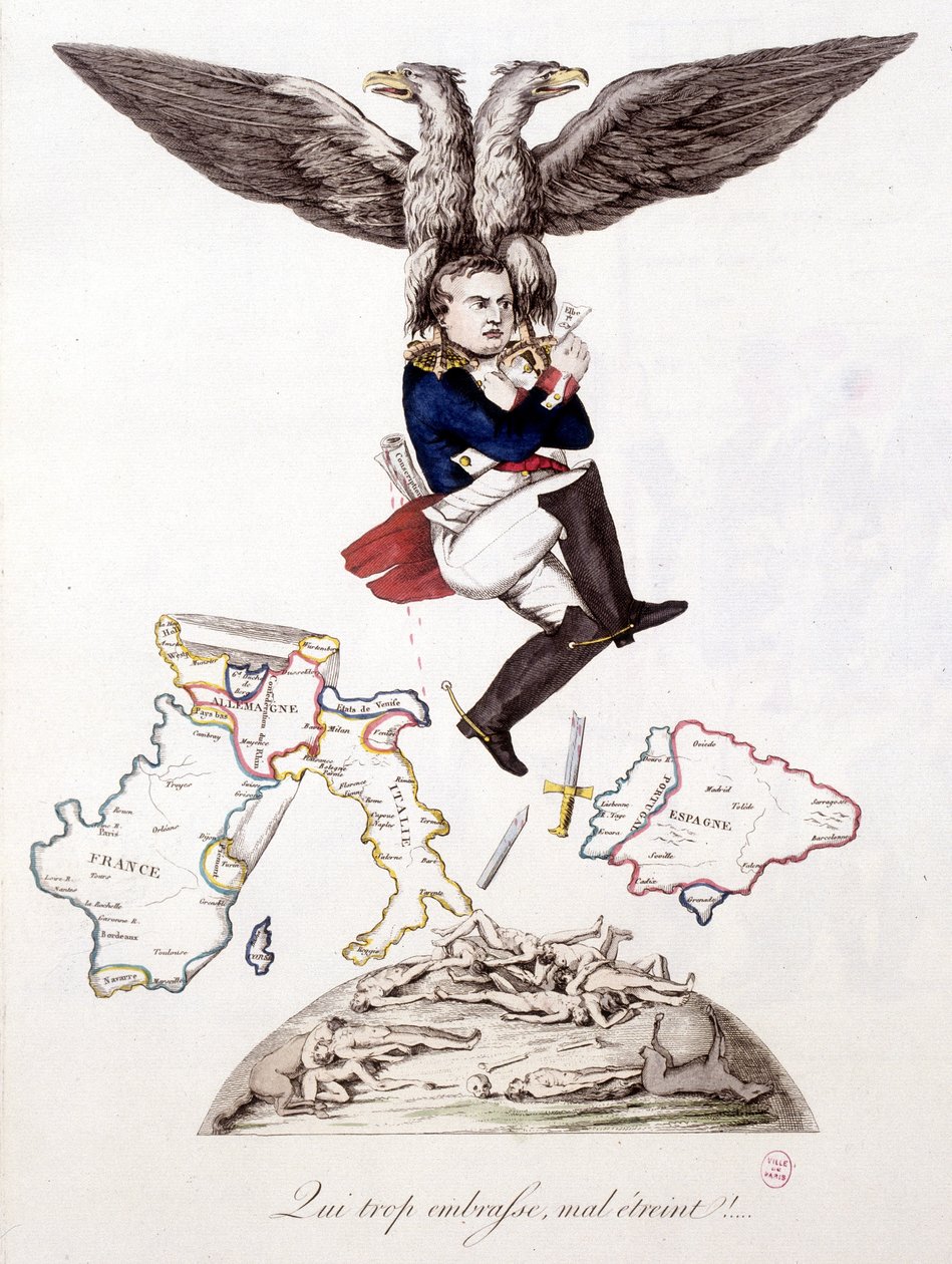 Hvem omfavner også dårligt omfavner: Efter at have sået død i hele Europa slutter Napoleon sig til øen Elba, båret af en ørn - i "" Napoleon 1., karikaturer, dummy-samling"", ca. 1814 af Unknown artist