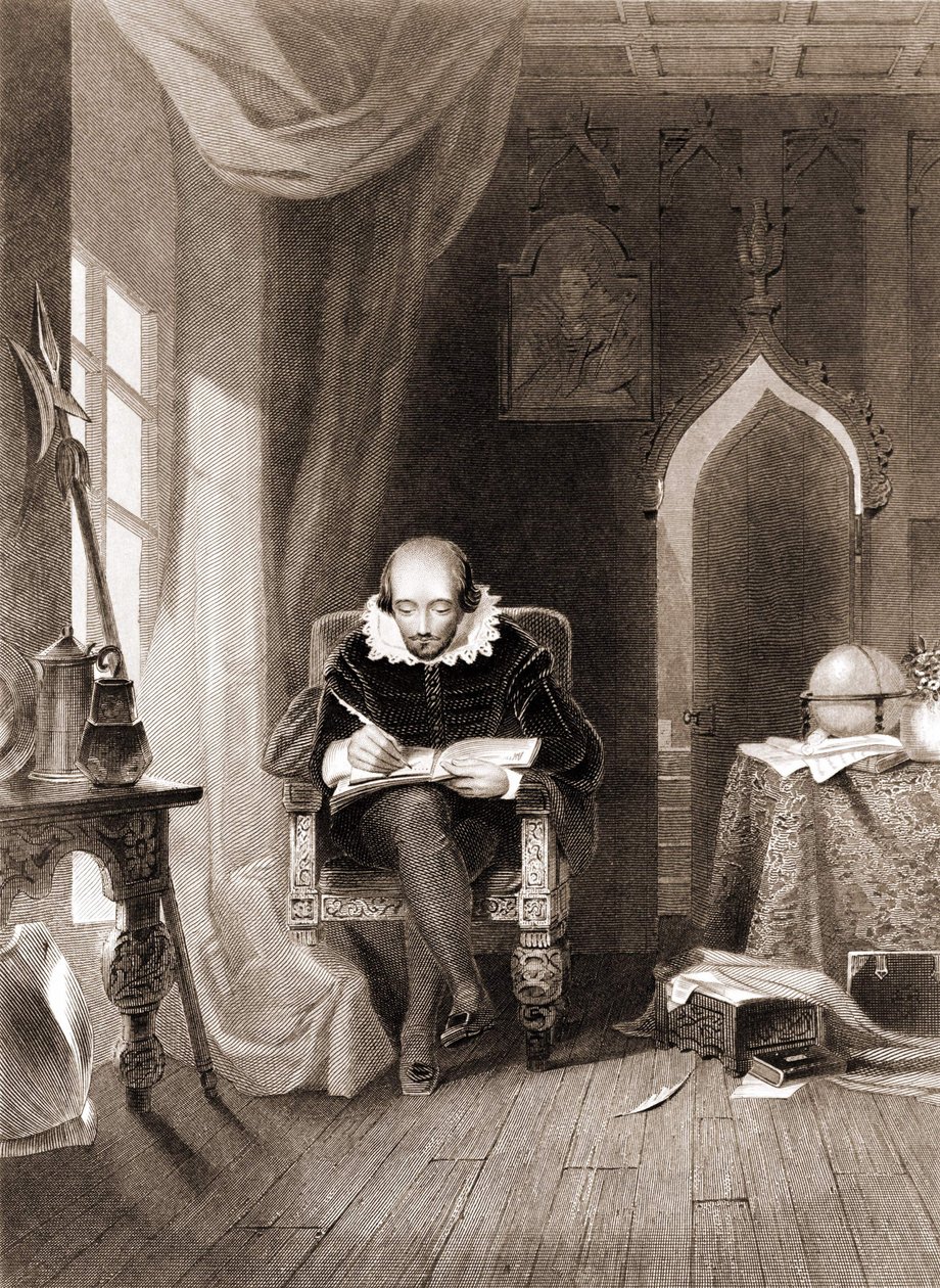 William Shakespeare (1564 - 1616) på sit kontor. af Unknown artist