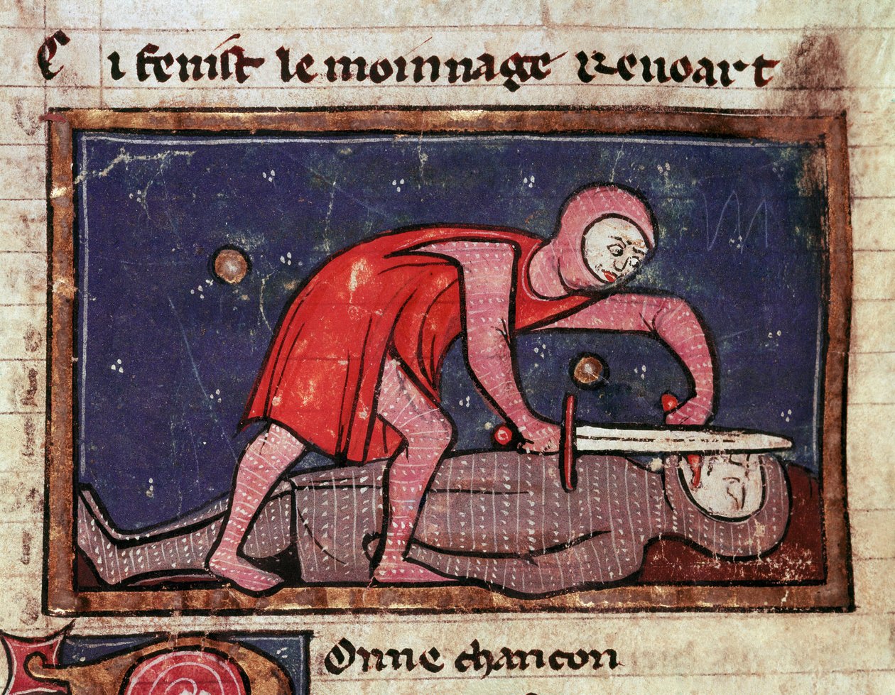 William V af Poitiers kaldet den Store (960-1030) skærer tungen på sin fjende Grev Boson II af Marche (988-1008) i 1008 Miniature taget fra "The moinage of William"" (ms. 1025) 13. århundredes Milano, Biblioteca Trivulziana af Unknown artist