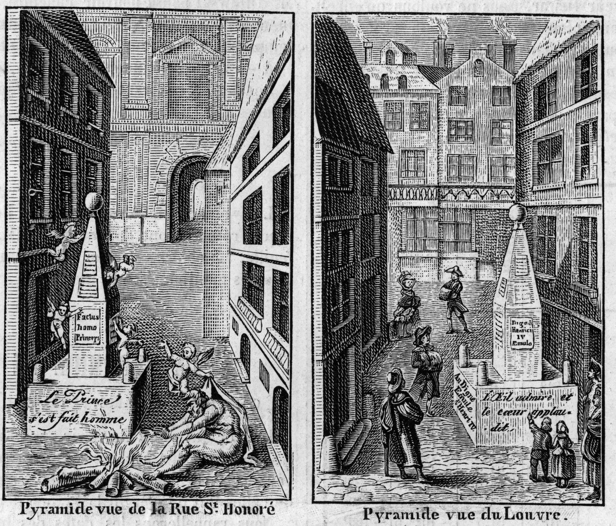 Vinterpyramide 1784 i Paris. Fac simile (Fac-simile) af to tryk udgivet i "La Pyramide de neige", almanak fra 1786. Indgravering i "" Nature: tidsskrift for videnskaber og deres anvendelser på kunst og industri "" af 16. marts af Unknown artist