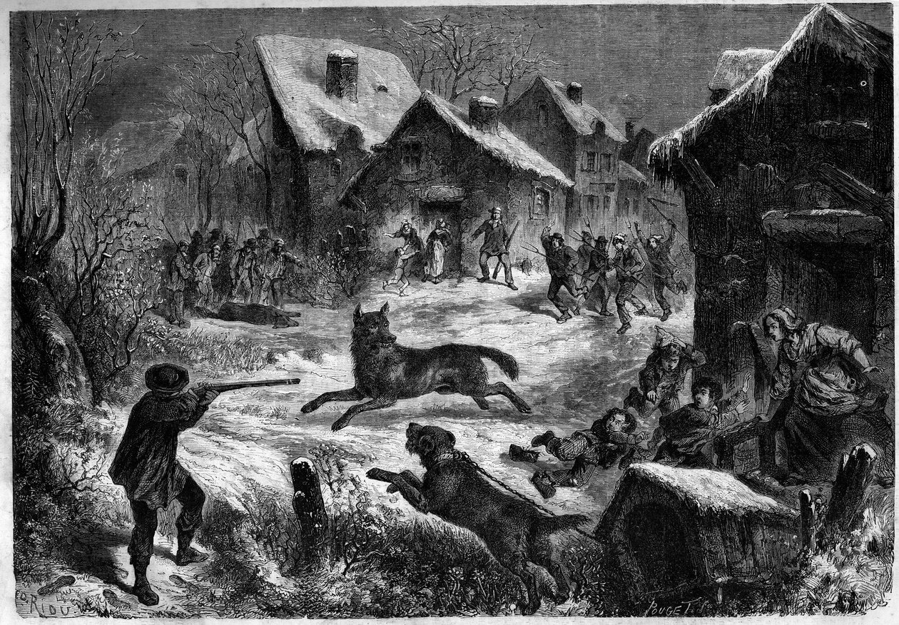 Ulvejagt i landsbyen Saliers, Bouches du Rhone (13), 31. december 1860. Indgravering i “” Le Monde Illustré”” n¡196 af 12. januar 1861. af Unknown artist