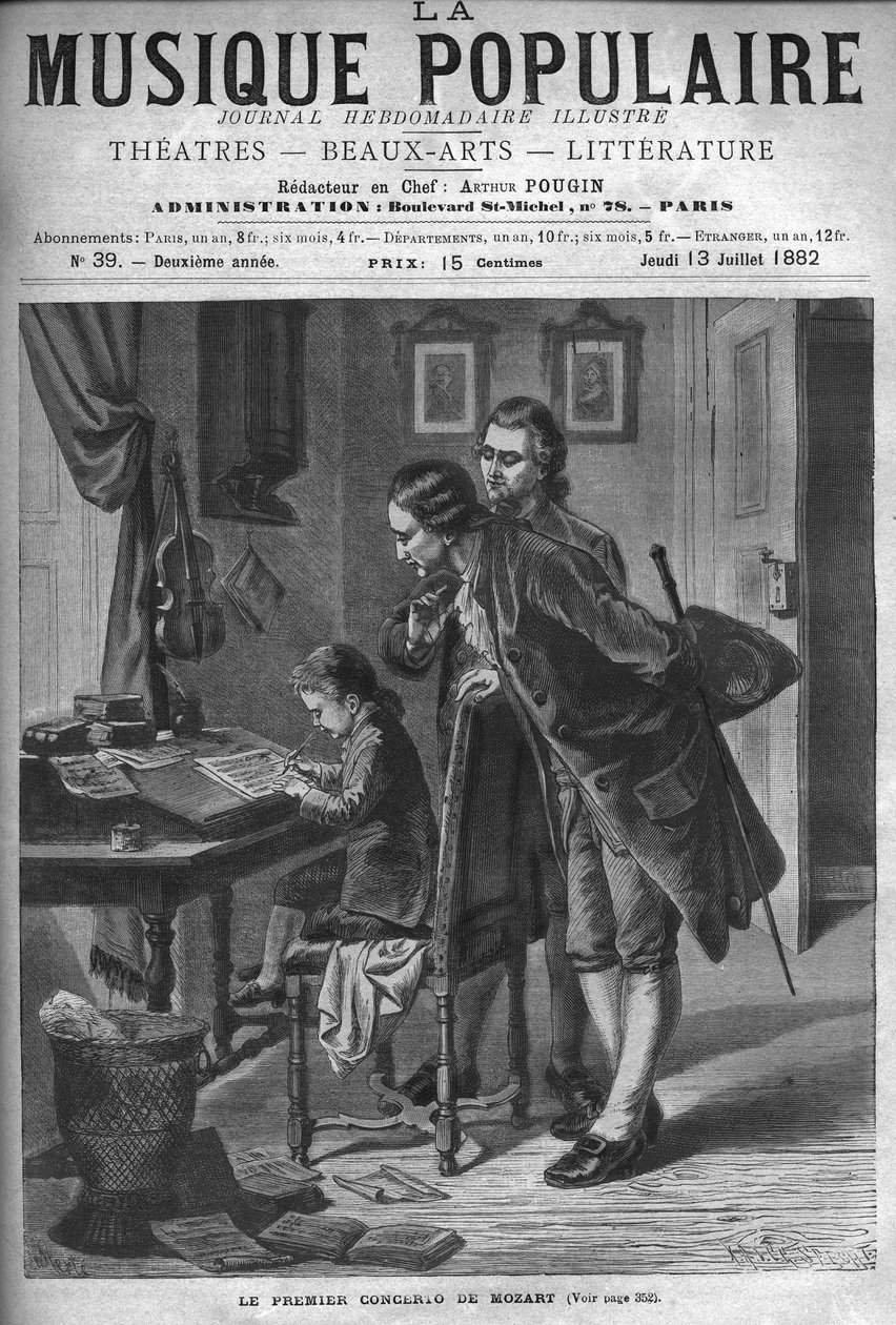 Wolfang Amadeus Mozart skrev en koncert for cembalo i nærværelse af sin far Leopold og Andreas Schachtner i 1762 - indgravering i "" Popular Music """ illustreret ugeavis - 1882 af Unknown artist
