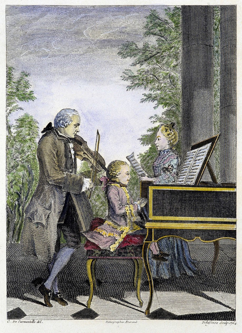 Wolfgang Amadeus Mozart barn på klaver omgivet af sin far Leopold på violin og sin søster Marianne på sang - gravering af Unknown artist