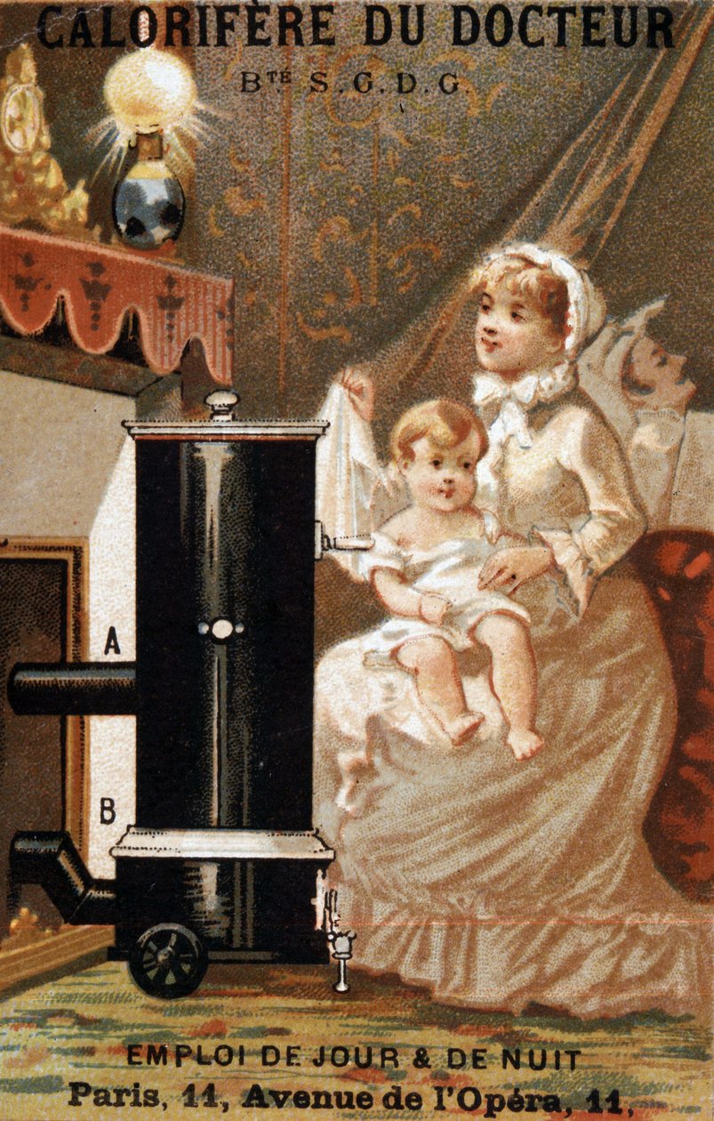 Kvinde og barn opvarmning i et interiør, annonce "" lægens kalorifere", v. 1895 af Unknown artist