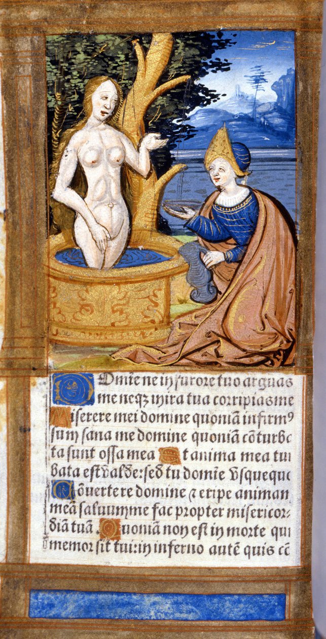 Kvinde på sit toilet. Side af et manuskript fra Pentateuken. 15. århundrede. Bibl. Braidense, Milano. af Unknown artist