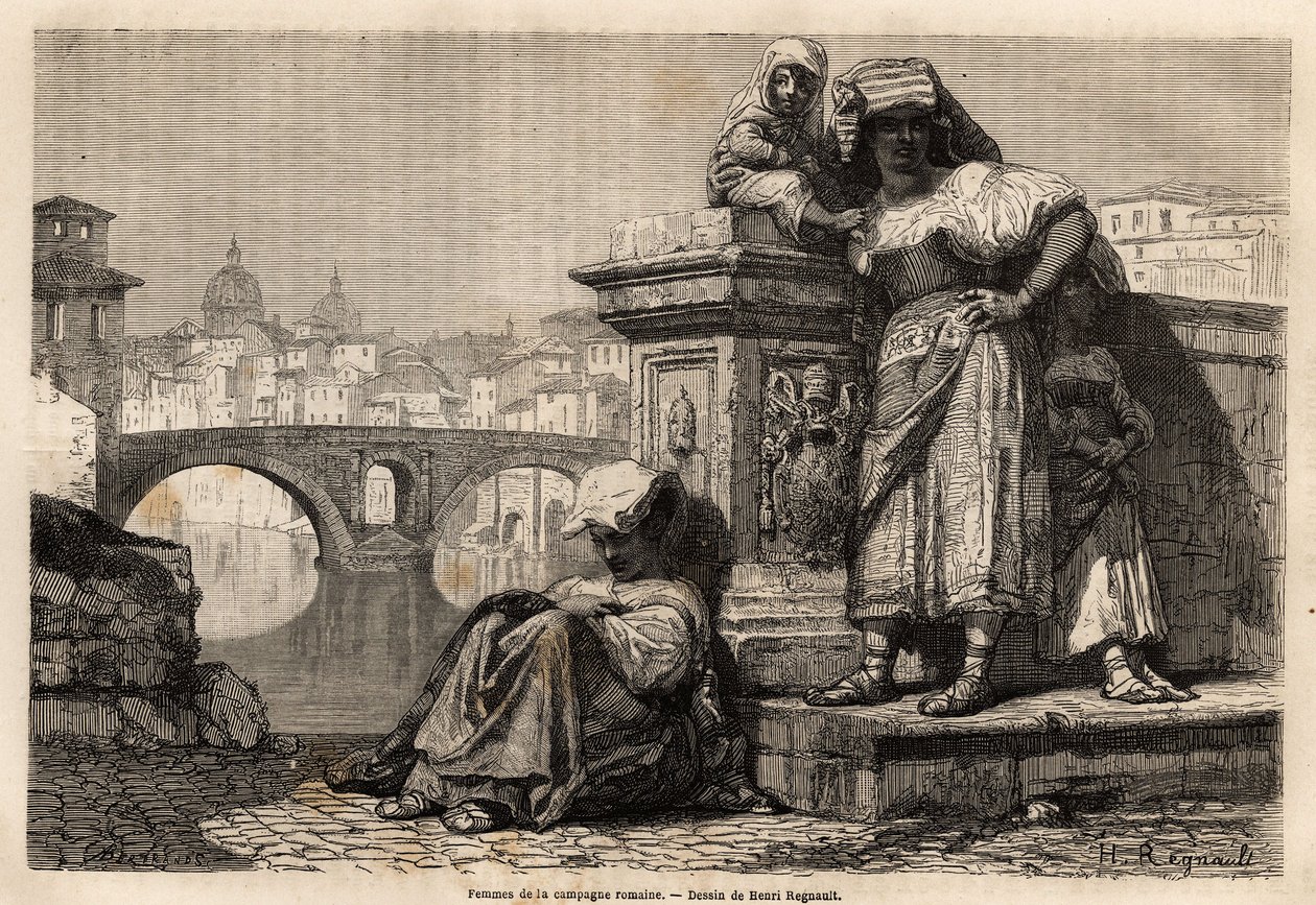 Kvinder og børn i det romerske landskab hviler på kanten af Tiberen, bag horisonten: kuplerne i Peterskirken i Vatikanet. Gravering til illustration af rejsen til Rom, af Francis Wey, i 1864-1868, udgivet i "Le tour du monde, no. af Unknown artist