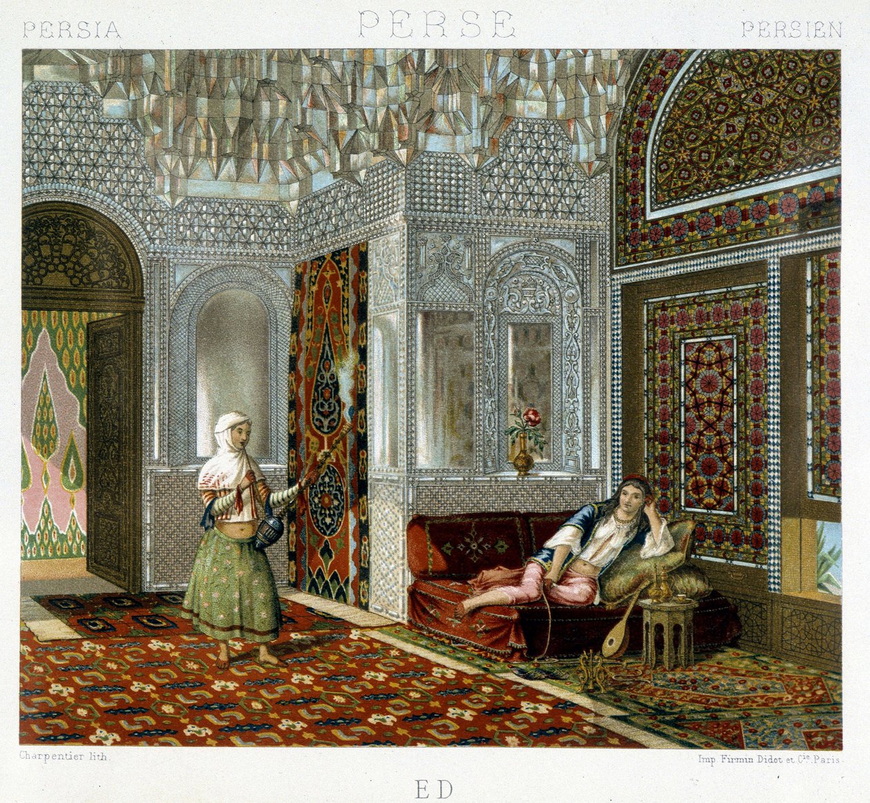 Kvinder i en stue i Persien - i "" Det historiske kostume"" af Racinet af Unknown artist