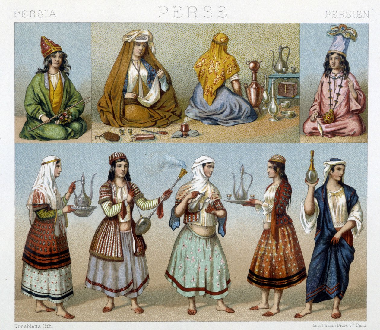 Kvinder tilbereder te og kvindelige kostumer i Persien - i "" Det historiske kostume"" af Racinet af Unknown artist