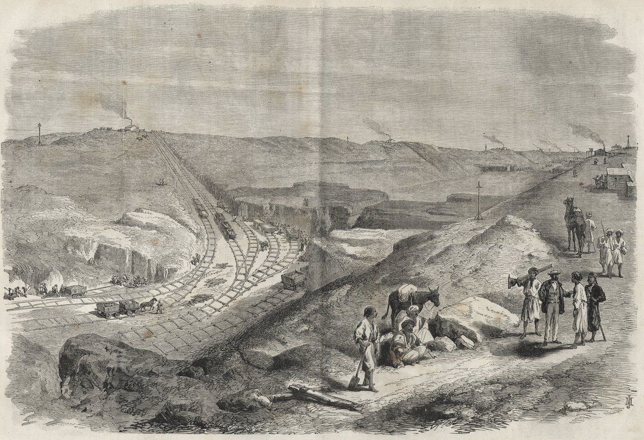 Arbejde på Suez-kanalen 1864 - Byggeplads og borearbejde på Suez-kanalen i 1864 (Chaluf Tranchee) - af Unknown artist