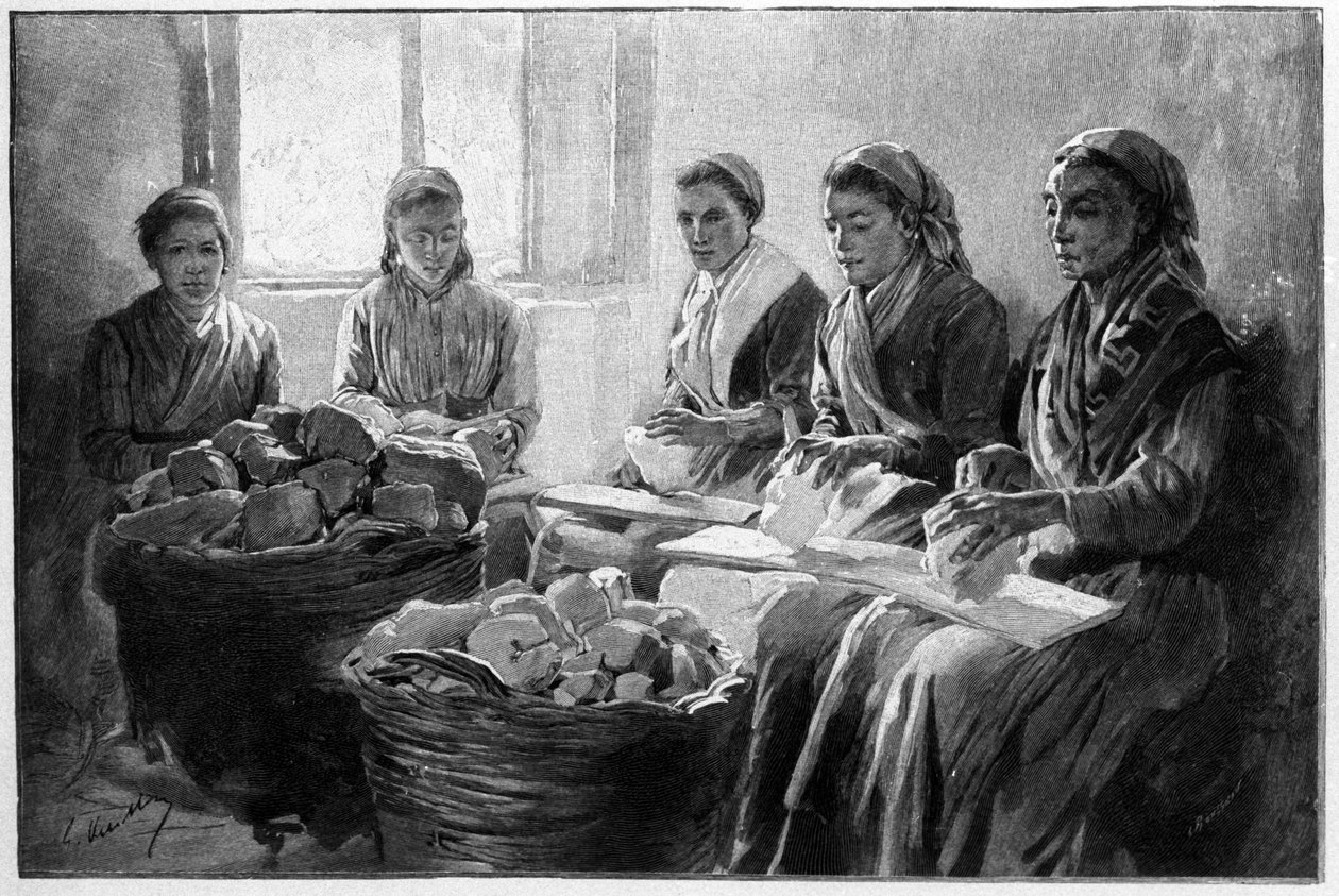Arbejdere kvister pimpsten Lipari Sicilien gravering fra det 19. århundrede af Unknown artist