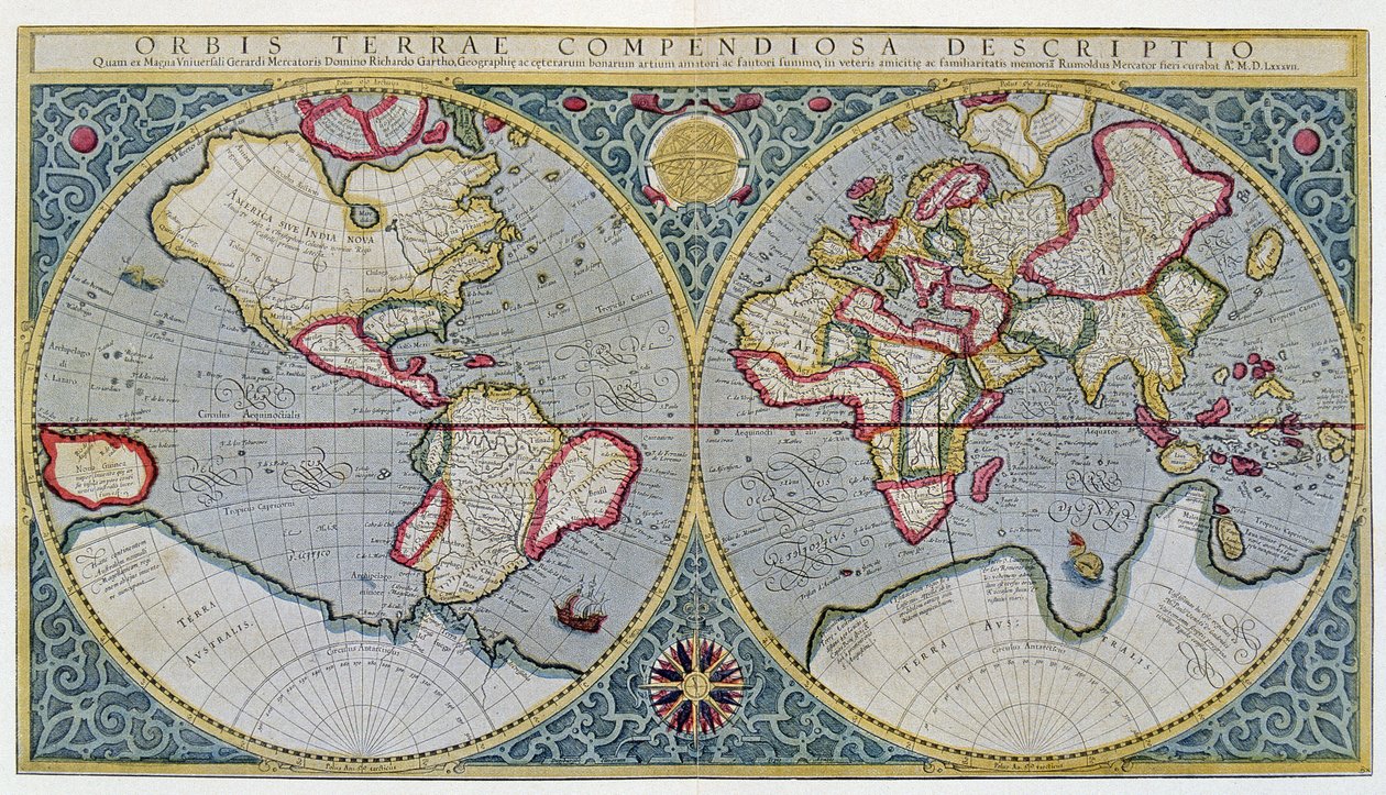 Verdenskort over Mercator (1587) - efter "Gerard Mercators atlas eller kosmografiske meditationer over verdens stof og stoffets form", Amsterdam af Unknown artist