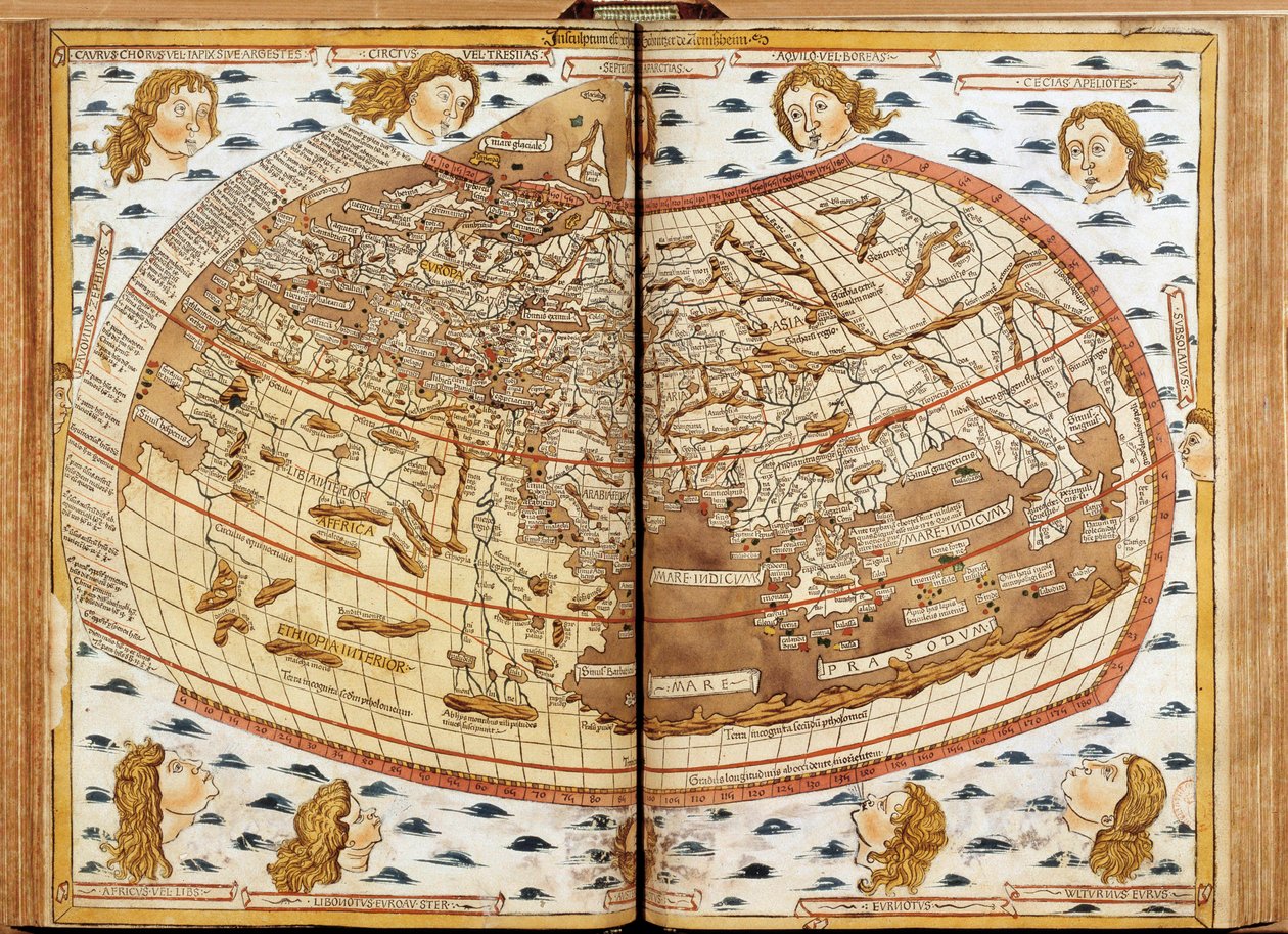 Verdenskort over Claude Ptolemæus. De menneskelige hoveder, der blæser luft, repræsenterer de forskellige vinde (hvis navne er angivet). I "Latin Geografi". Til den mest velsignede Fader Paul II den Store Pave. Donis Nicholas”. Geografimanuskript dedikeret af Unknown artist
