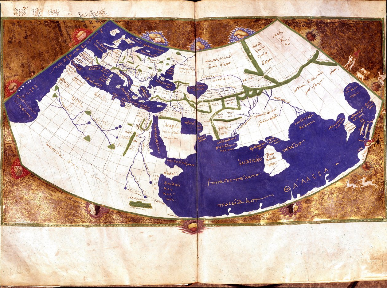 Verdenskort over Claudius Ptolemaeus (Claude Ptolemæus, 90-168 ap JC), græsk astronom og astrolog - Repræsentation af den flade jord uden nord- og sydpolen og uden den amerikanske indeholder - 1400-tallets manuskript - Venedig, Biblioteca Marciana af Unknown artist