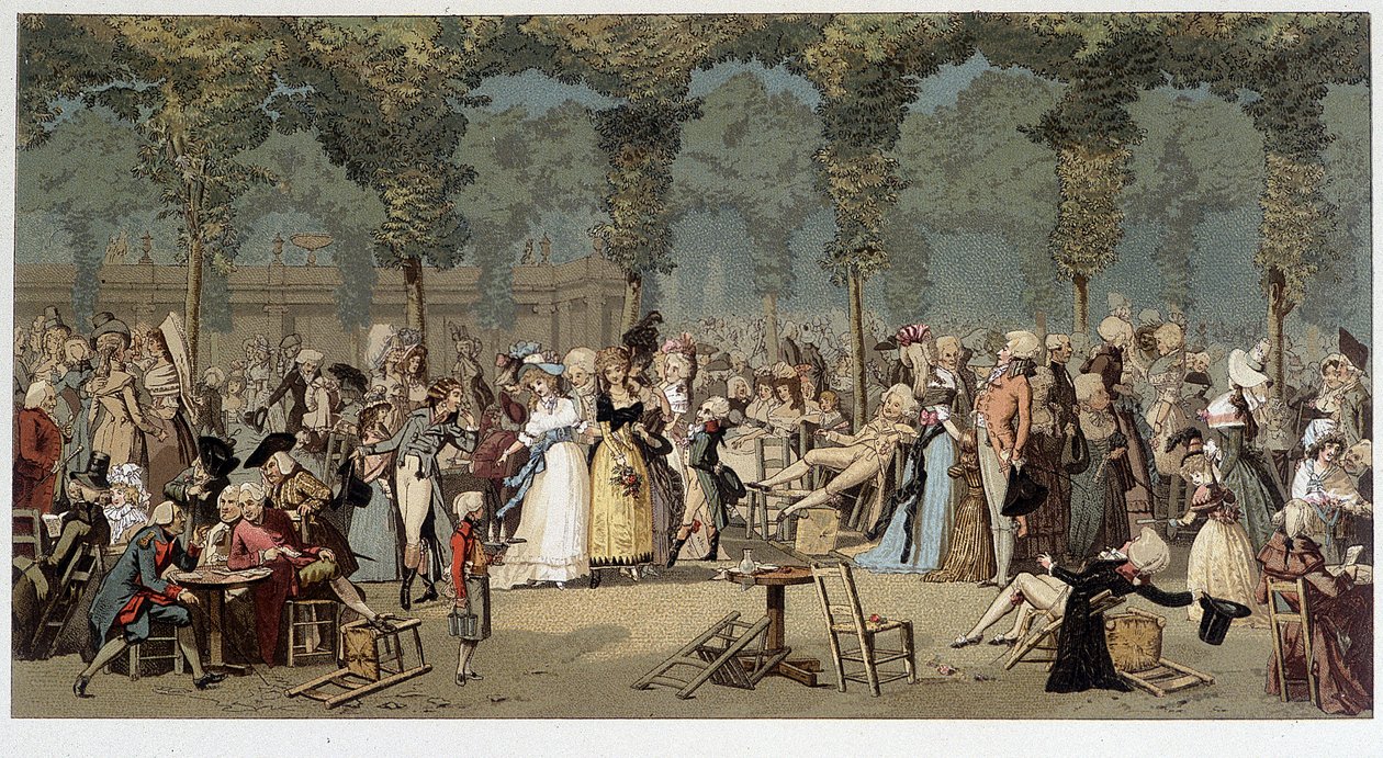 Verdensvandring gennem det kongelige palads haver, slutningen af det 18. århundrede - kromo efter indgraveringen af Debucourt af Unknown artist