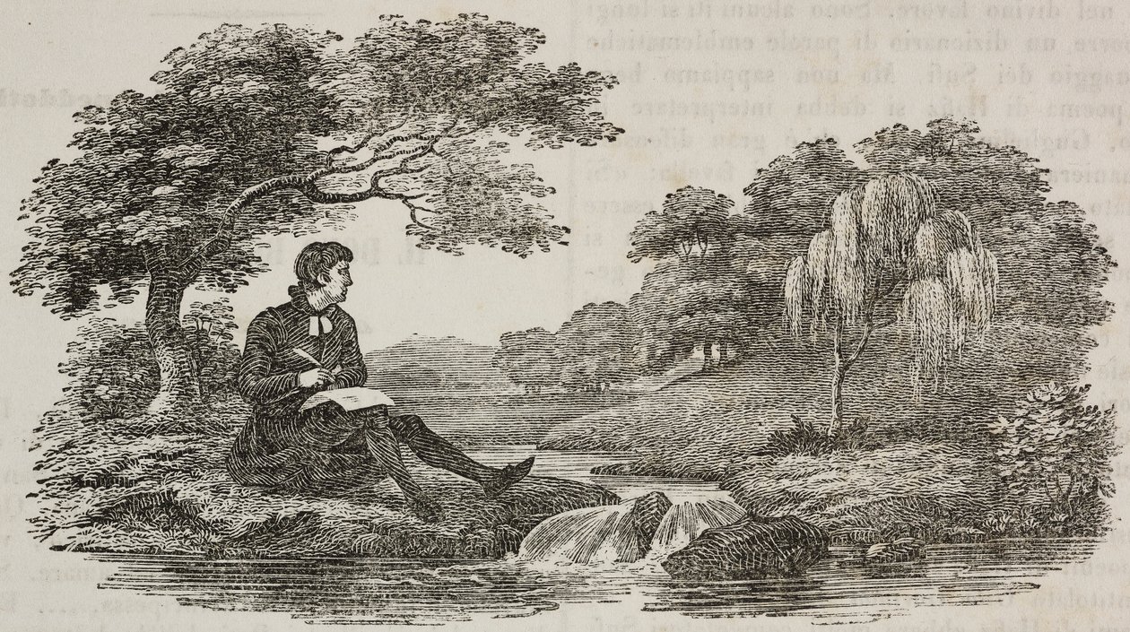 Forfatter under træ foran vandløb, illustration fra Universal Theatre, encyklopædisk og scenografisk samling, nr. 575, 19. juli af Unknown artist