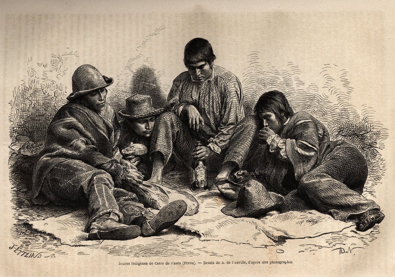 Unge indianere fra Cerro de Pasco (det centrale Peru), samles til morgenmad. Gravering til illustration af Les iles Chincha, rettet af L.Simonin, i 1860, udgivet i "Le tour du monde, nouveau journal des voyages", redigeret af Edouard Charton af Unknown artist