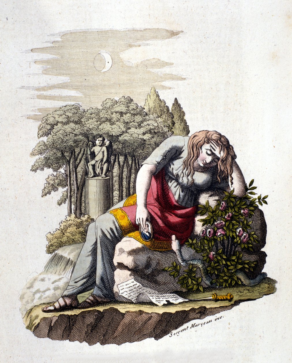 Ung pige græder efter at have læst et brev fra sin elsker. af Unknown artist