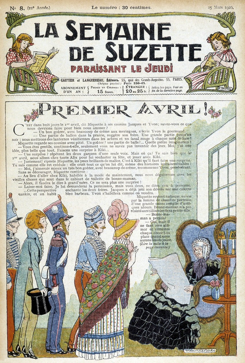 Unge mennesker besøger en ældre dame. Forsideillustration til avisen "La semaine de Suzette" fra marts 1926. af Unknown Artist