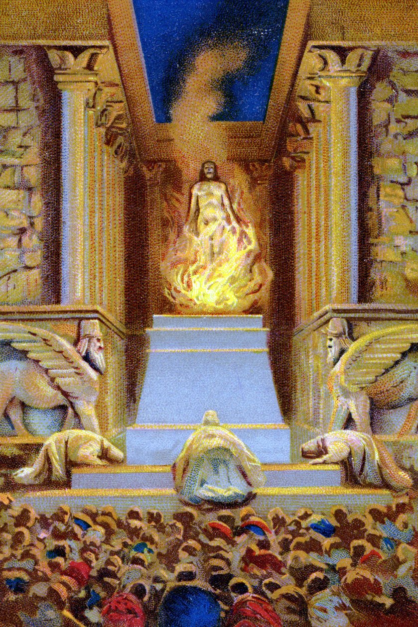 Zarathustra (Zarathushtra, Zarathushtra, Zarathustra eller Zoroaster) døde i templet omgivet af flammen. Kromolitografi fra det 19. århundrede. af Unknown artist