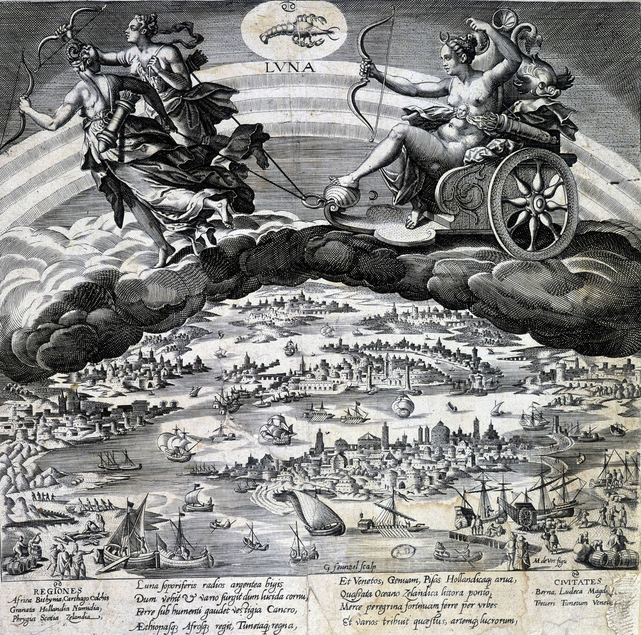 Stjernetegn Kræft. Månen, repræsentation af Semelee tank. Indgravering af det 19. århundrede. af Unknown artist