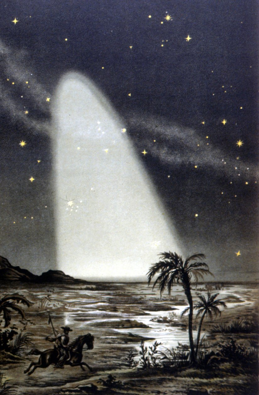 Zodiacal lysfænomen på den mexicanske savanne. 1800-tallets farvelitografi. af Unknown artist