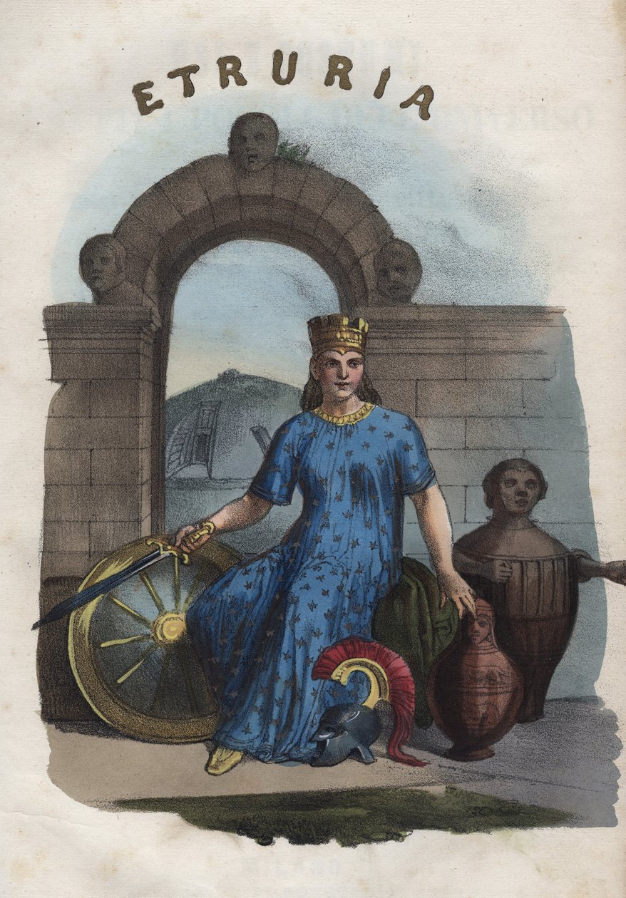 allegori af Etrurien - indgravering fra "" Anvendelser og skikke for alle folk i universet. Det vil sige historien om regeringen, lovene, militsen, om alle nationers religion fra de fjerneste tider til i dag "1856 af Unknown artist