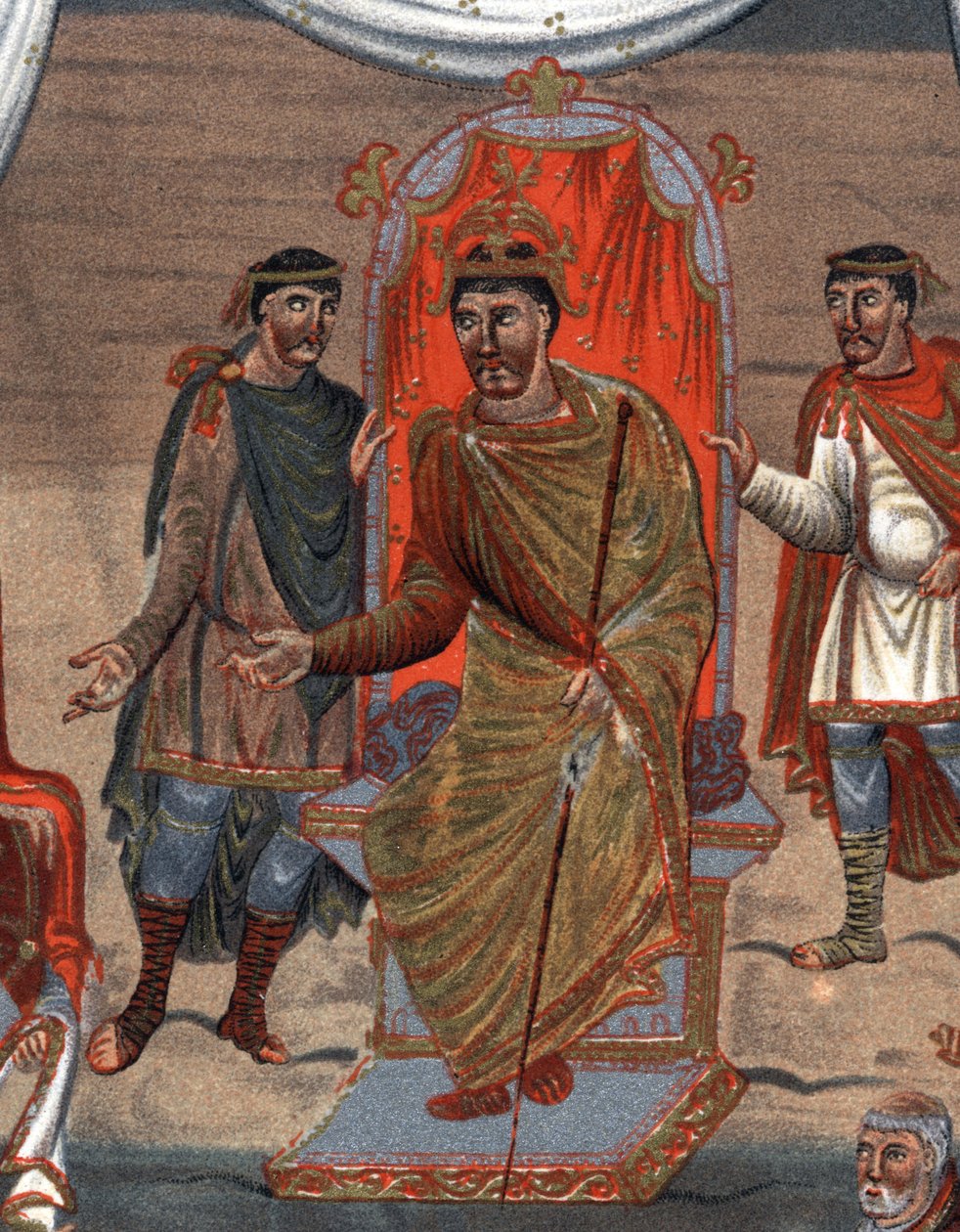 detaljer om: Charles II den Skaldede (823 - 877), konge af Frankrig, der modtager en delegation af munke fra Tours.Fac-Simile i kromolitografi af det 19. århundrede efter en miniature fra det X. århundrede bevaret på B.N. af Paris. af Unknown artist