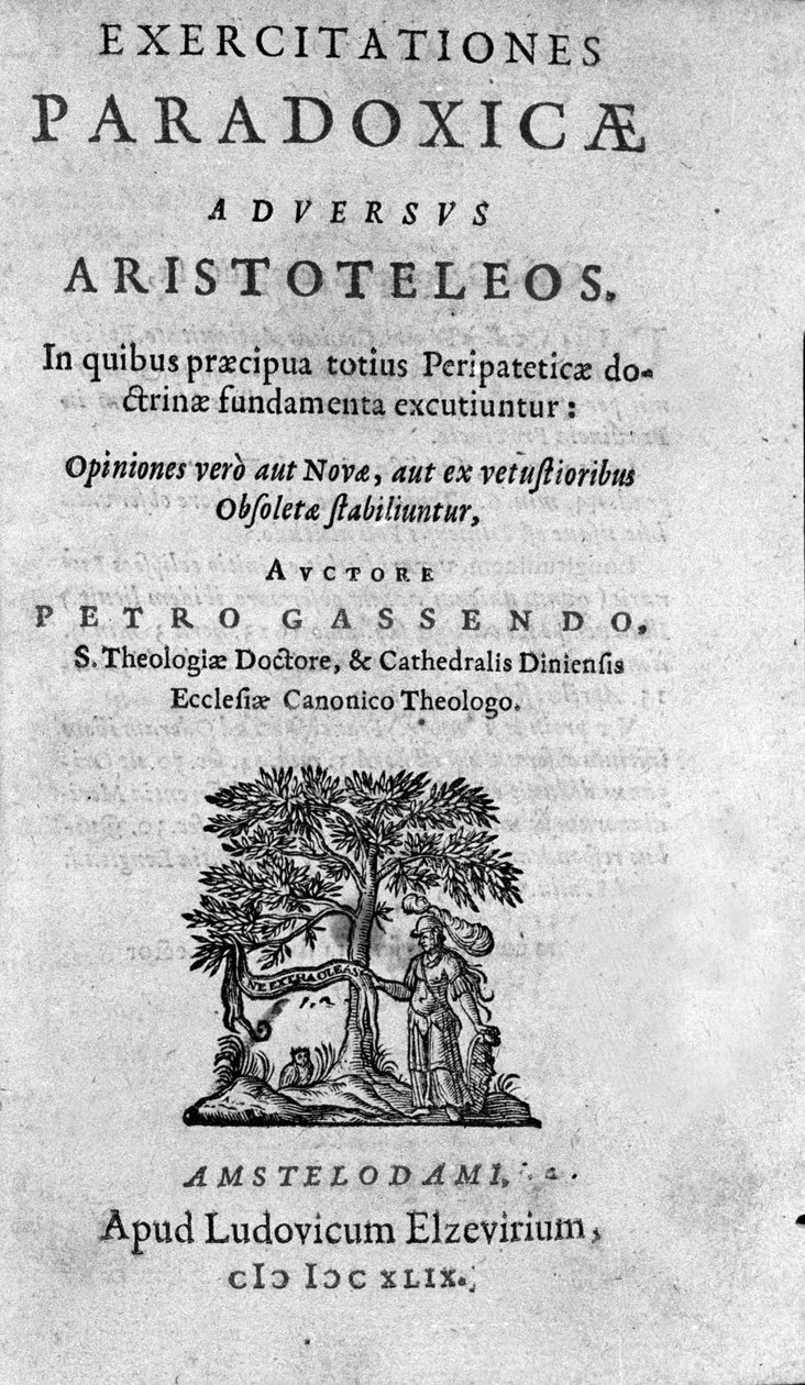 frontispice af "Exercitationum paradoxicarum adversus Aristoteleos"" af Pierre Gassendi (1592-1655), fransk filosof, astronom, matematiker og fysiker. af Unknown artist