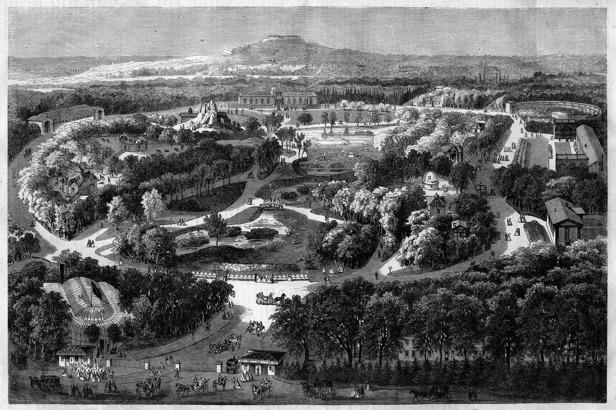 generel udsigt over akklimatiseringens have til Bois de Boulogne tilbudt og indviet af Napoleon III i 1860, der kombinerer natur, frodig flora og eksotiske dyr, i "" l