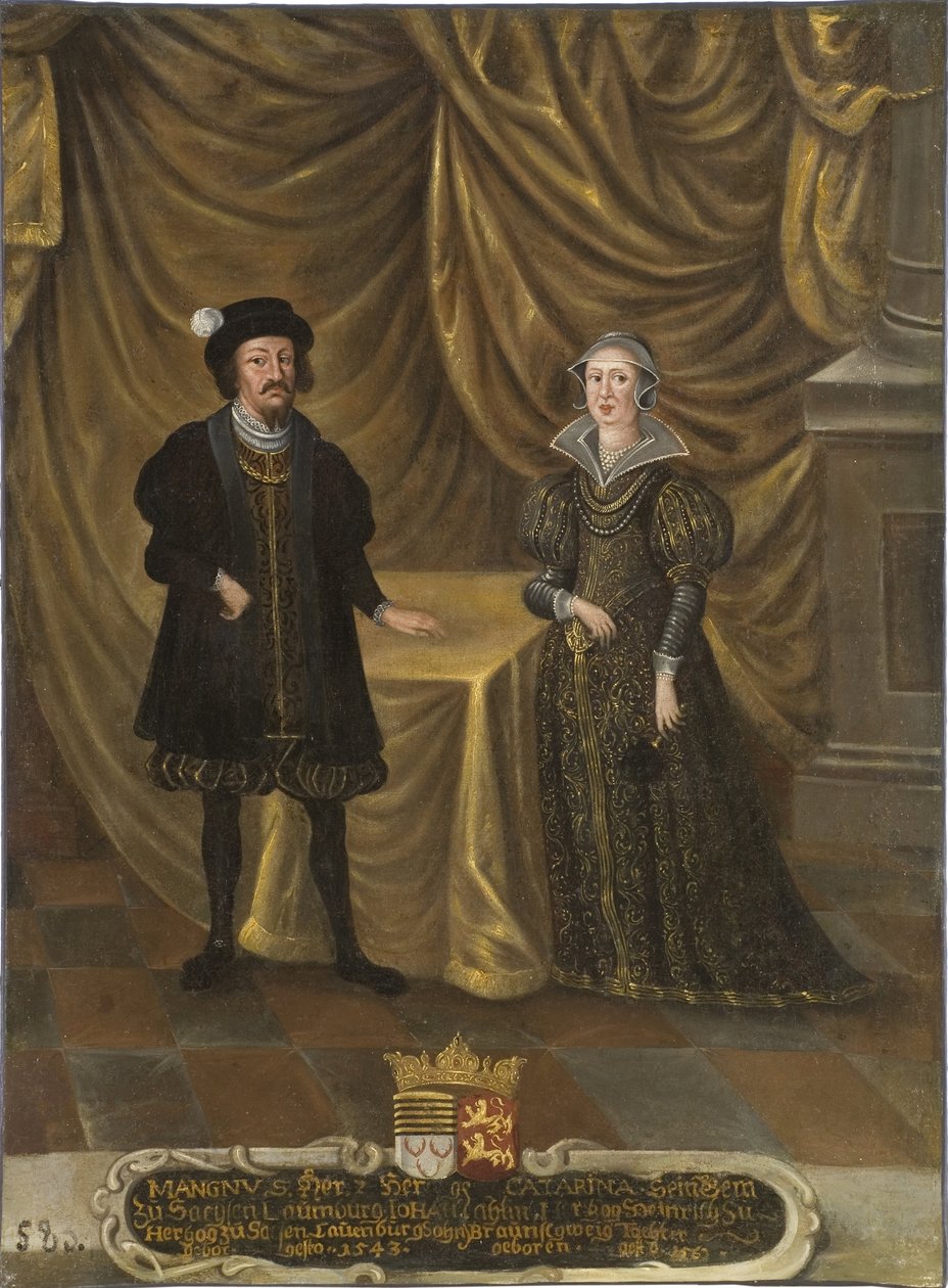 le prince Magnus I de Saxe Lauenbourg et la princesse Catherine de Brunswick Wolfenbuttel - Magnus I (1470-1543), hertug af Sachsen-Lauenburg og Catherine af Brunswick-Wolfenbuettel (1488-1563), hertuginde af Sachsen-Lauenburg, anonym. Olie på lærred. Dime af Unknown artist