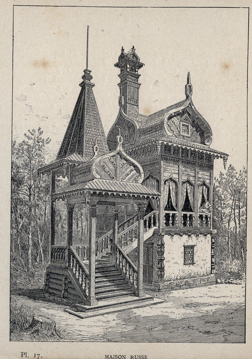 Russisk hus - Russisk hus - indgravering af 1889 i "History of human habitation at the Universal Exhibition of 1889, by Mr Charles GARNIER - Librairie centrale des beaux-arts Paris 1889 af Unknown artist