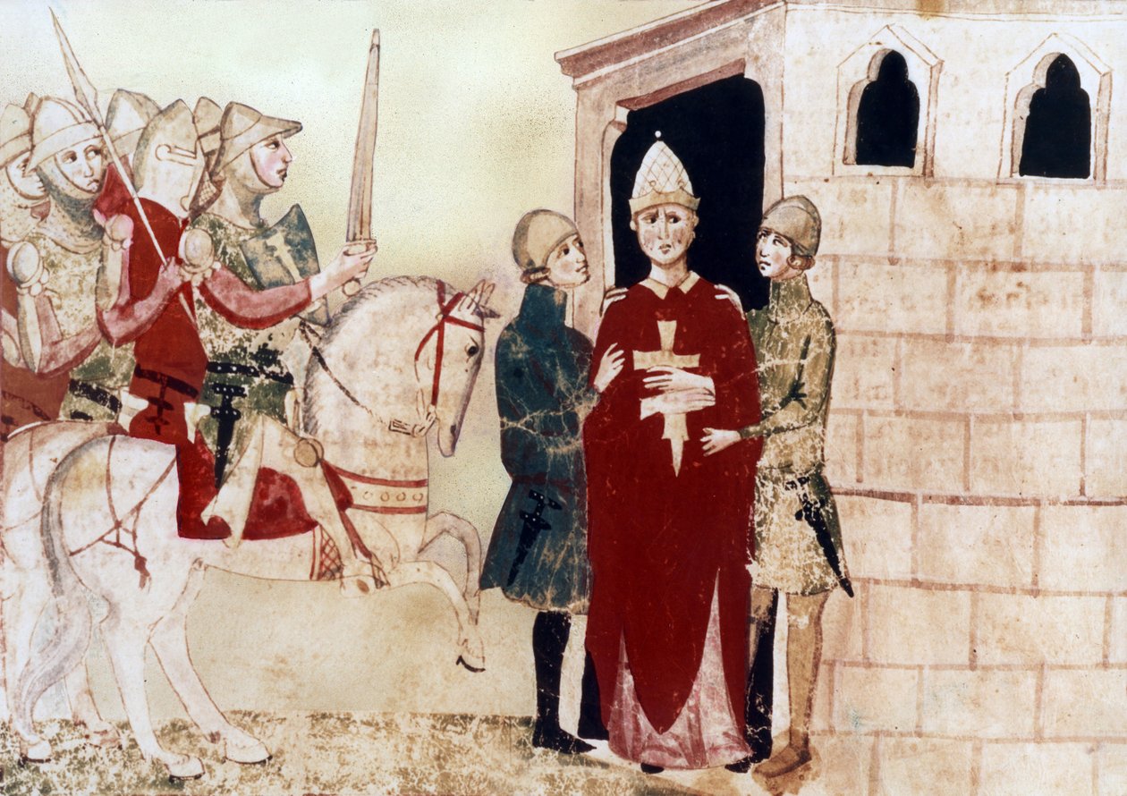 pave Boniface VIII (1294-1303) her fange i Anagni i 1303, illustration fra 1300-tallets manuskript af Unknown artist