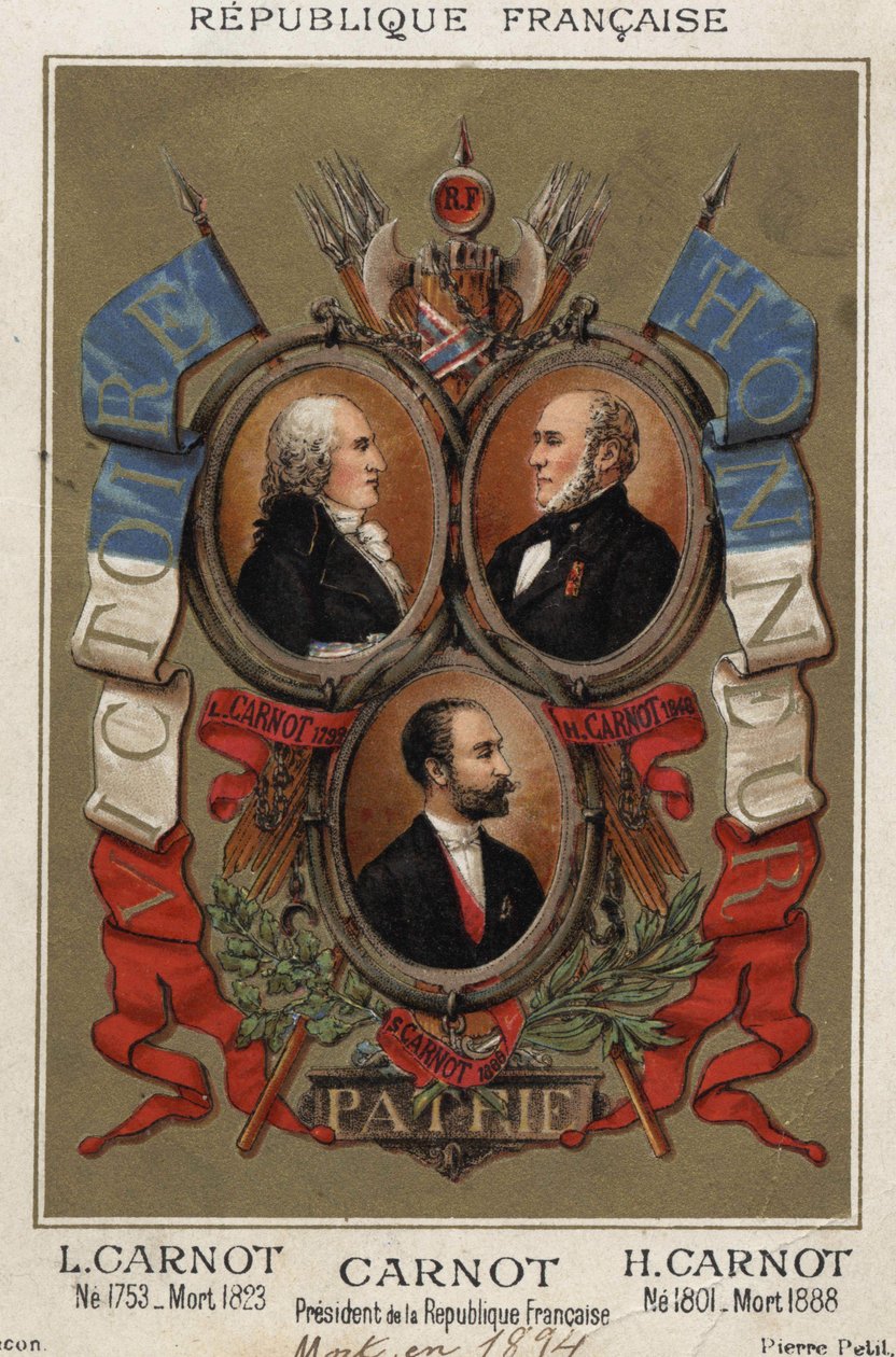 portrætter af Lazare Carnot fransk politiker (1753-1823), Hyppolite Carnot (1801 til 1888) og Sadi Carnot præsident for den franske republik. af Unknown artist