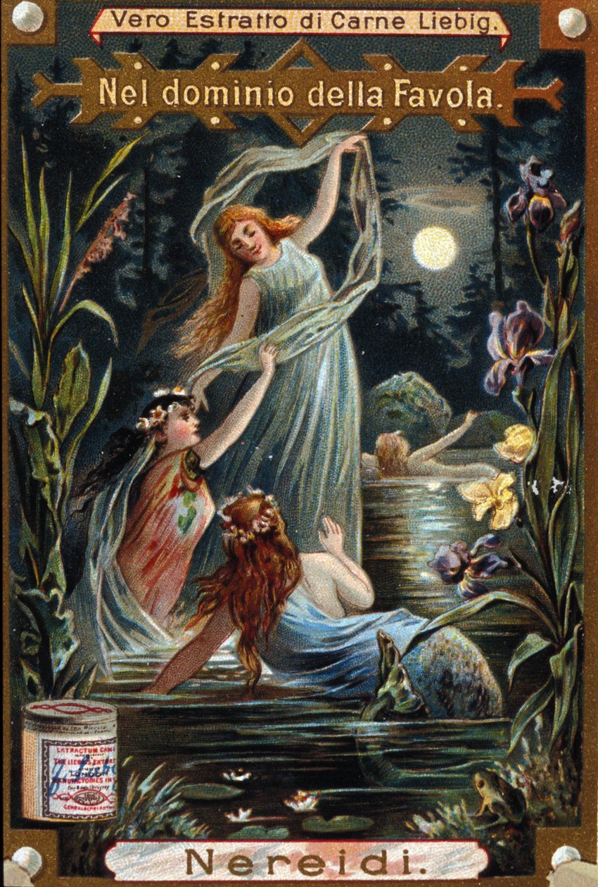 repræsentation af nereider, marine nymfer. 1800-tallets kromolitografi af Unknown artist