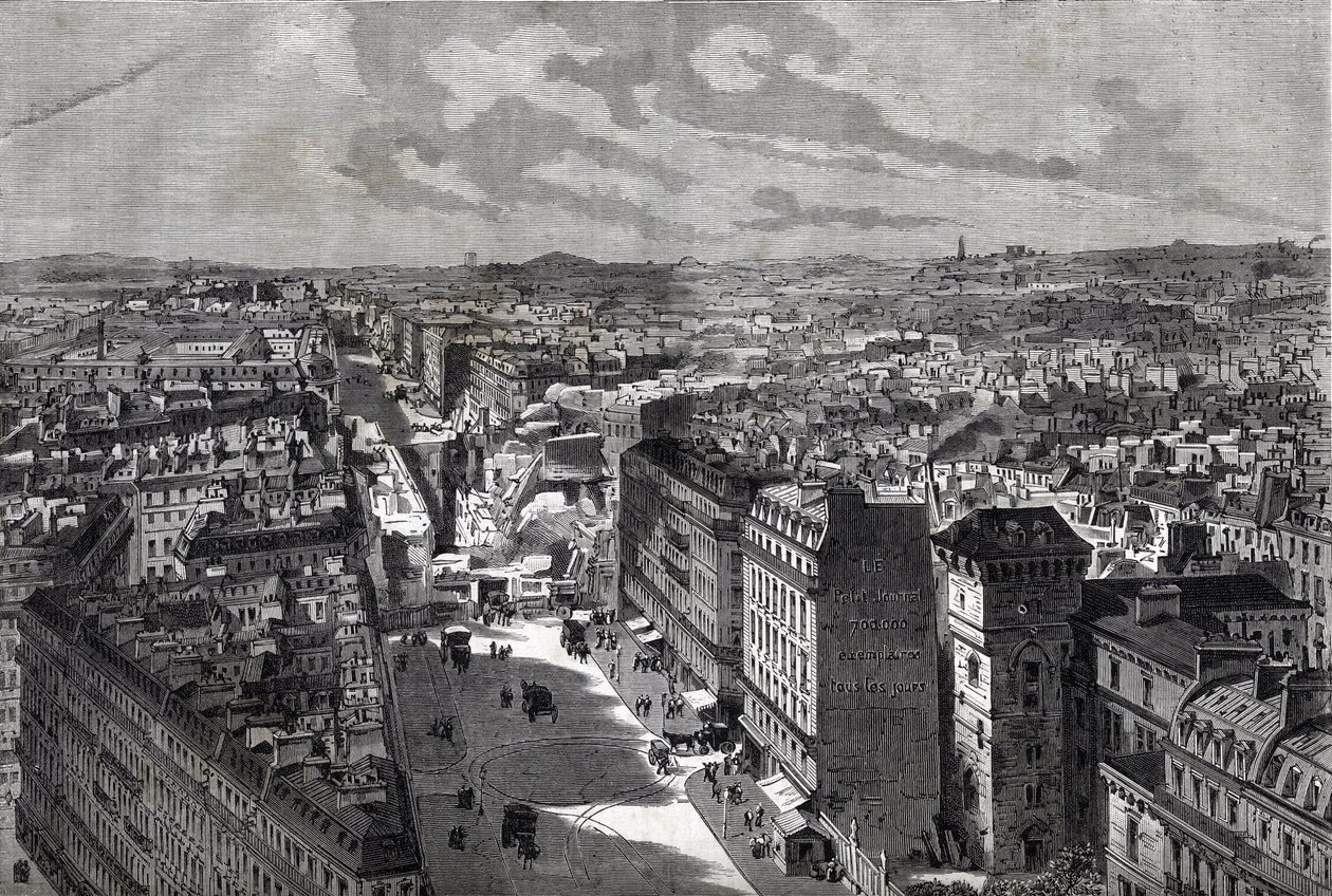 the Great Works of Haussman - Transformationer af Paris under det andet imperium, Paris Haussmannien (Boulevard, Haussmannien-værker) - Le piercing de rue Etienne Marcel- fra rue Turbigo til Place des Victoires - indgravering i "Le journal illustrious"" af af Unknown artist