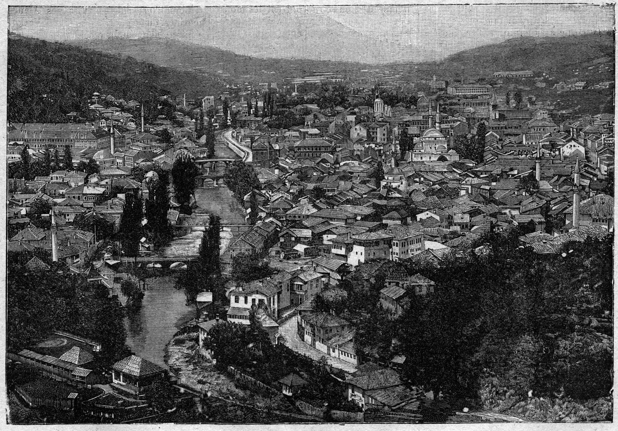 udsigt over byen Sarajevo i 1894 - udsigt over byen Sarajevo i 1894 - gravering af Unknown artist